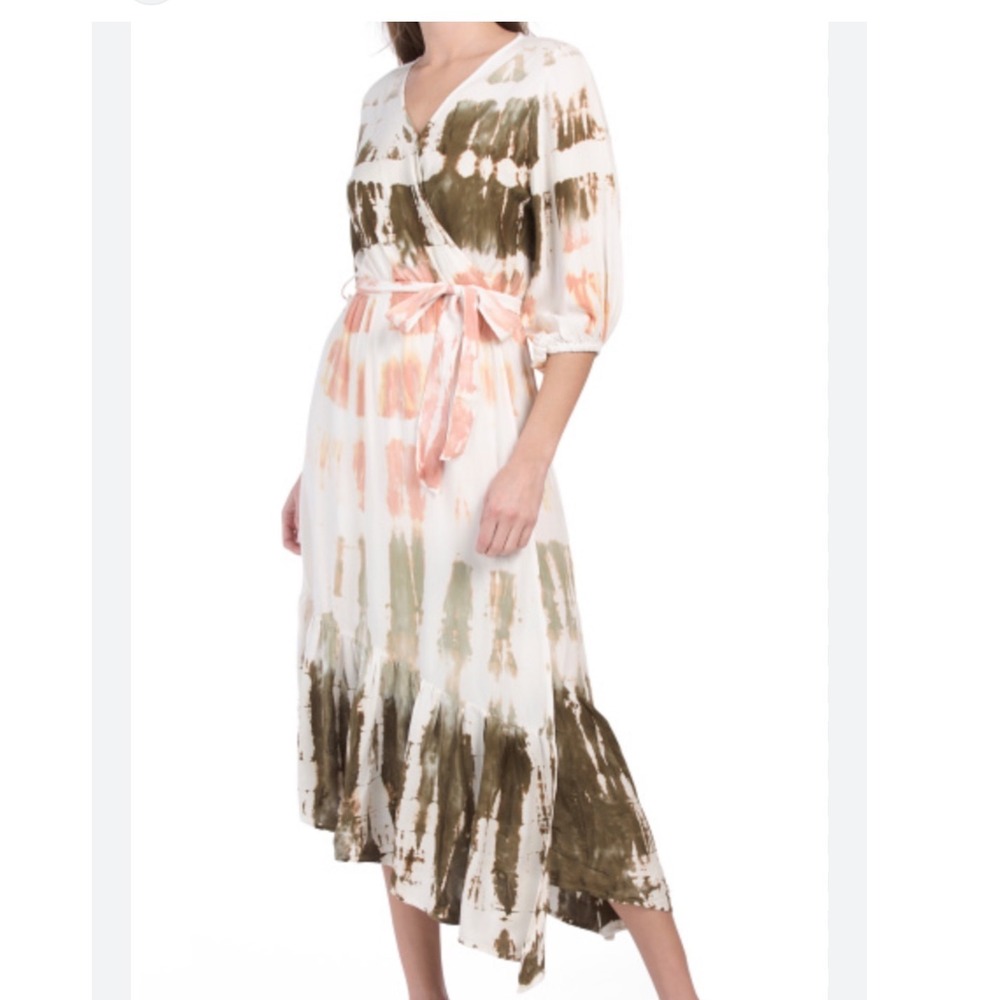 Young Fabulous & Broke‎ Tie Dye Wrap Midi Dress Olive Pink Large Boho Asymmetric